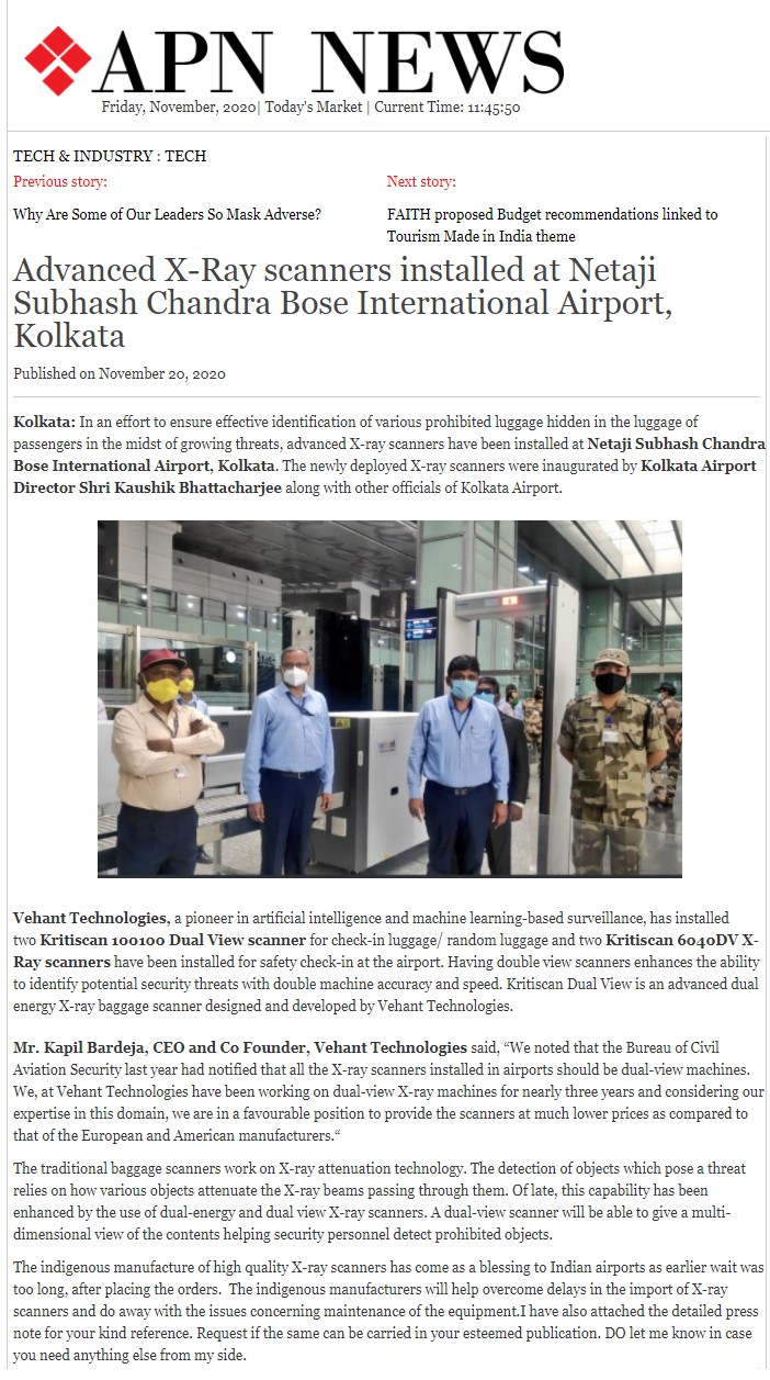 APN News covers inauguration of dual view x-ray baggage scanners at Kolkata Airport on Novermber 20, 2020